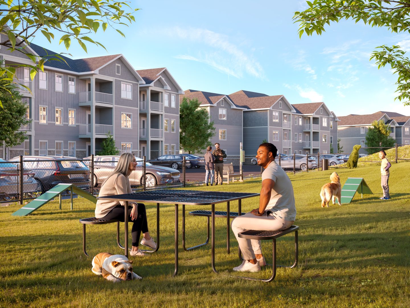 a rendering of a dog park in front of apartment buildings at The  Preserve at Sycamore Creek